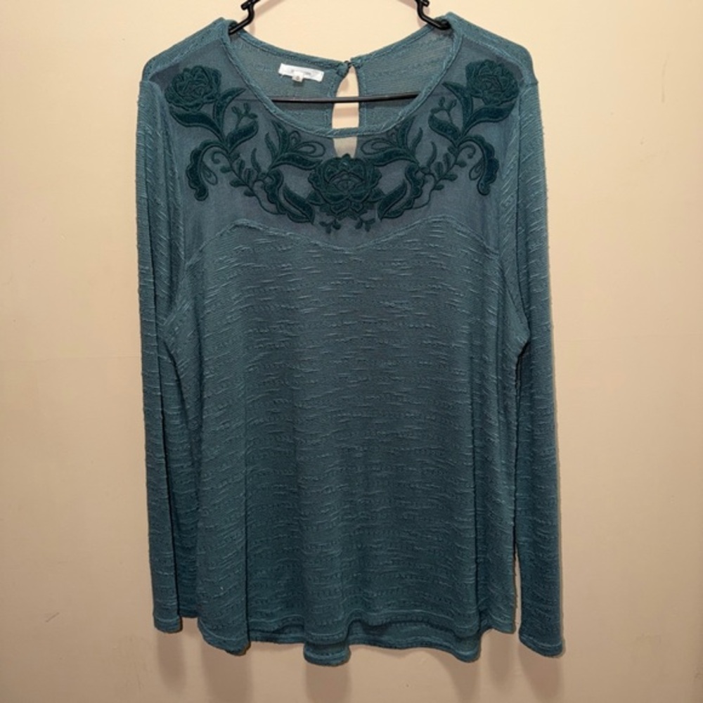 Maurices Teal Long Sleeve Top with Floral Detail